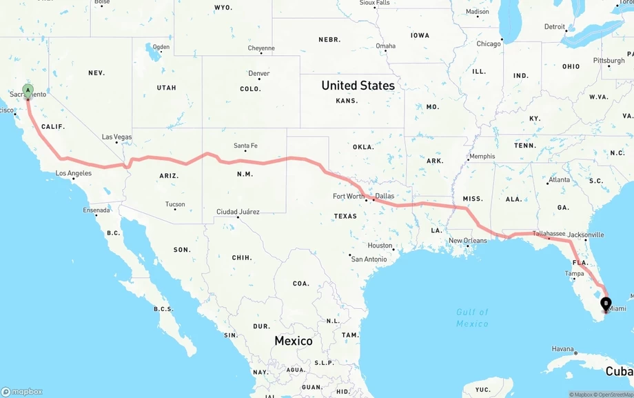 Sacramento to Miami freight shipping route map