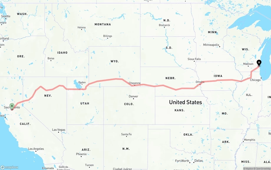Sacramento to Milwaukee freight shipping route map