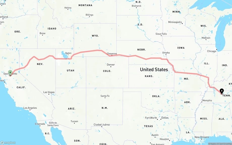 Sacramento to Nashville freight shipping route map