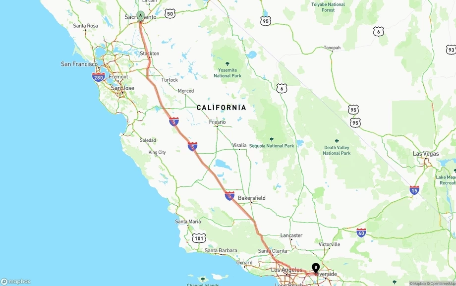 Sacramento to Ontario International Airport freight shipping route map