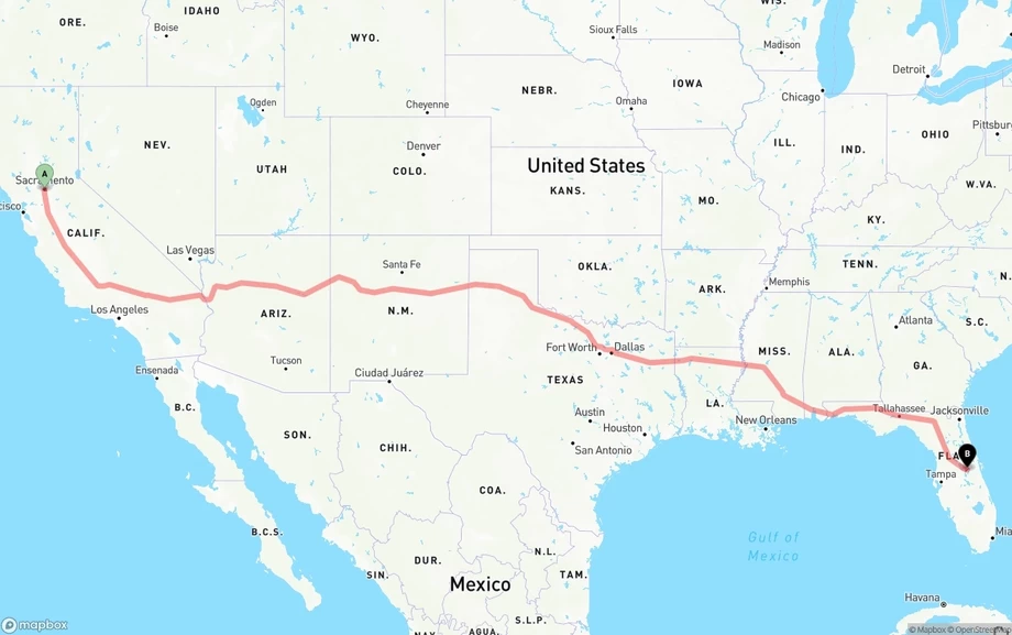 Sacramento to Orlando International Airport freight shipping route map
