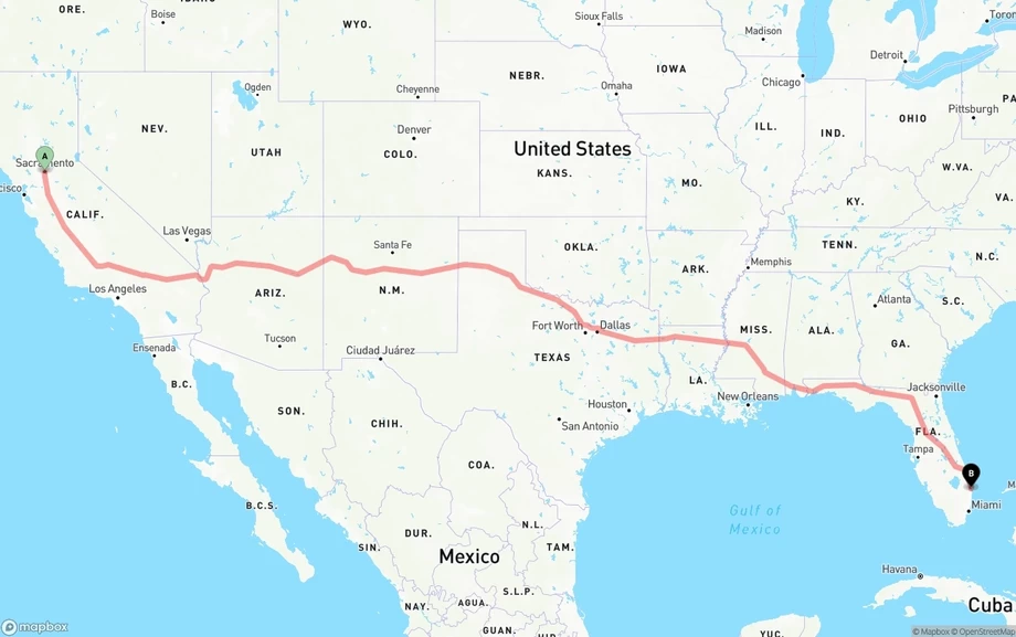 Sacramento to Palm Beach International Airport freight shipping route map