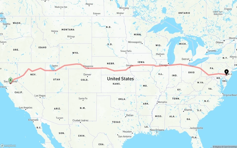 Sacramento to Philadelphia freight shipping route map
