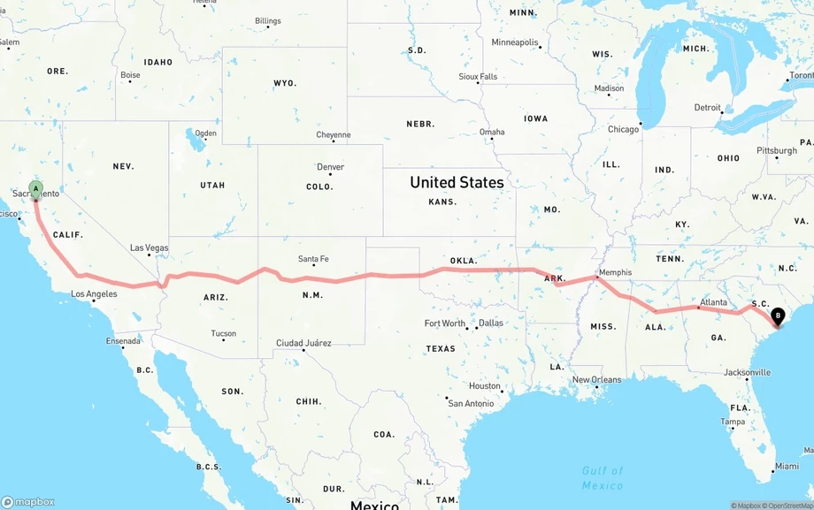 Sacramento to Port of Charleston freight shipping route map