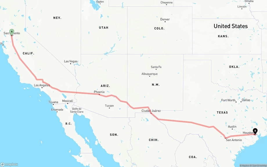 Sacramento to Port of Houston freight shipping route map