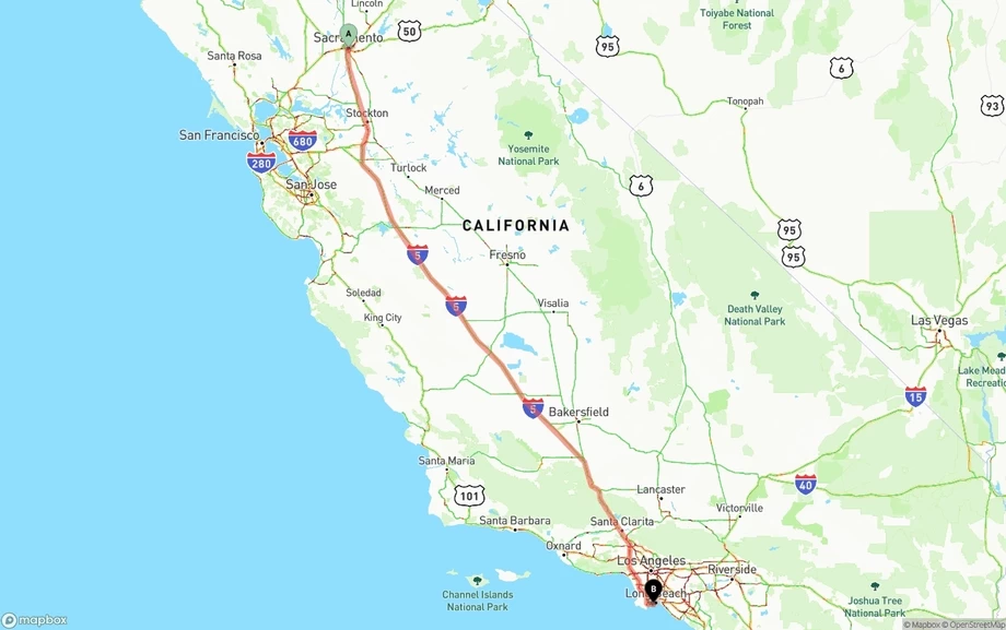 Sacramento to Port of Long Beach freight shipping route map