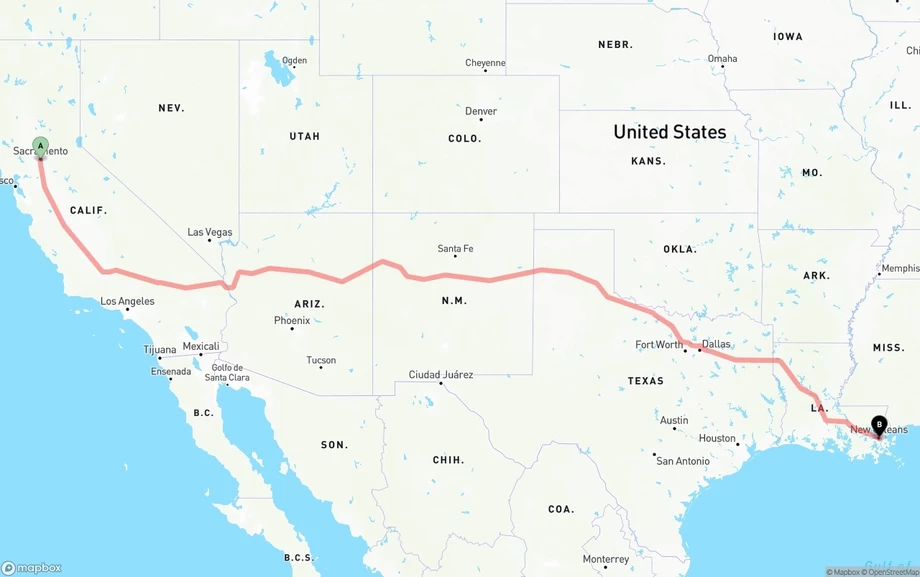 Sacramento to Port of New Orleans freight shipping route map