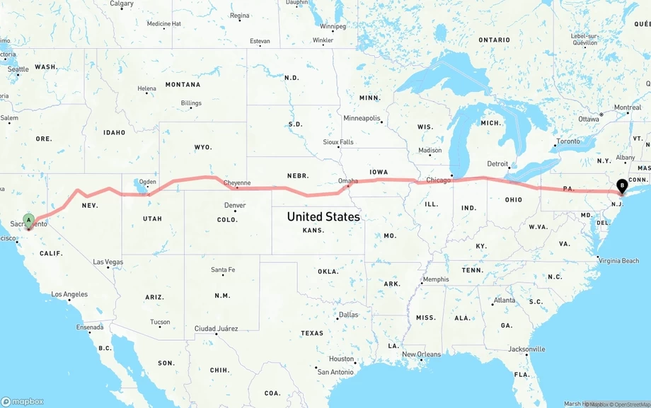 Sacramento to Port of New York freight shipping route map