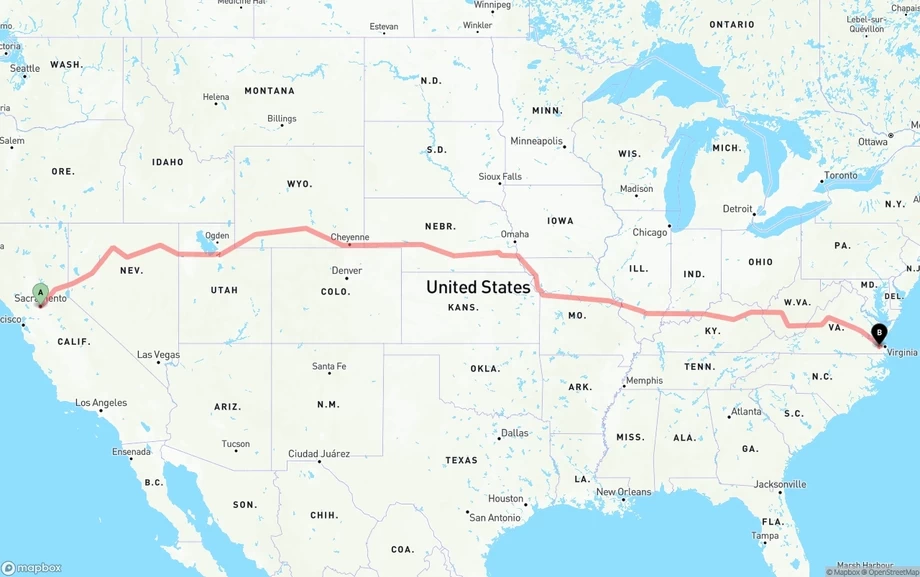 Sacramento to Port of Norfolk freight shipping route map