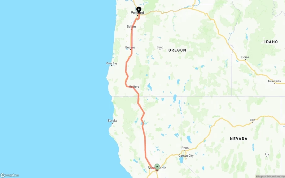 Sacramento to Port of Portland freight shipping route map
