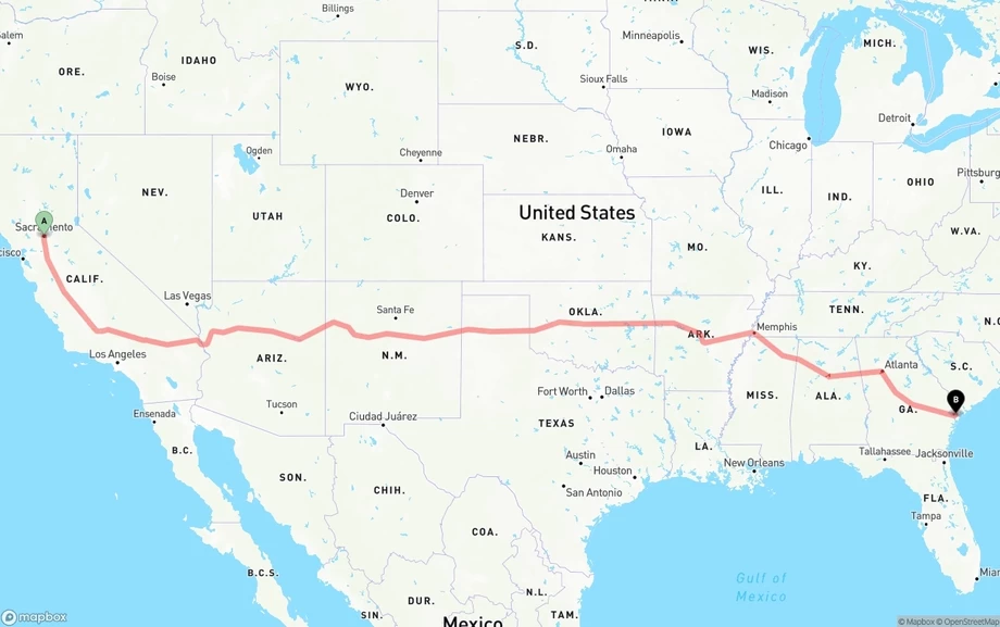 Sacramento to Port of Savannah freight shipping route map