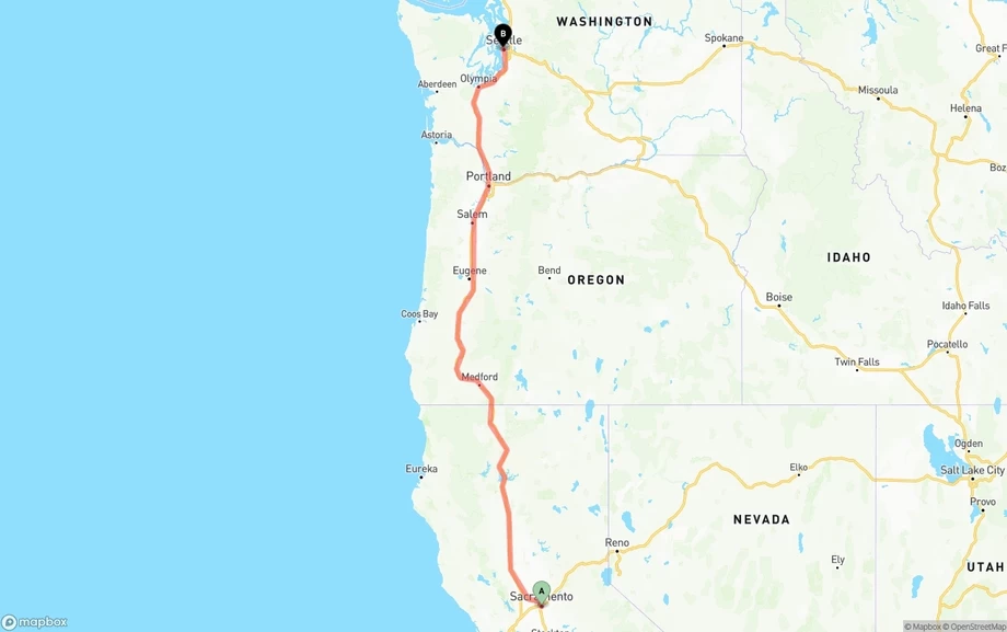 Sacramento to Port of Seattle freight shipping route map