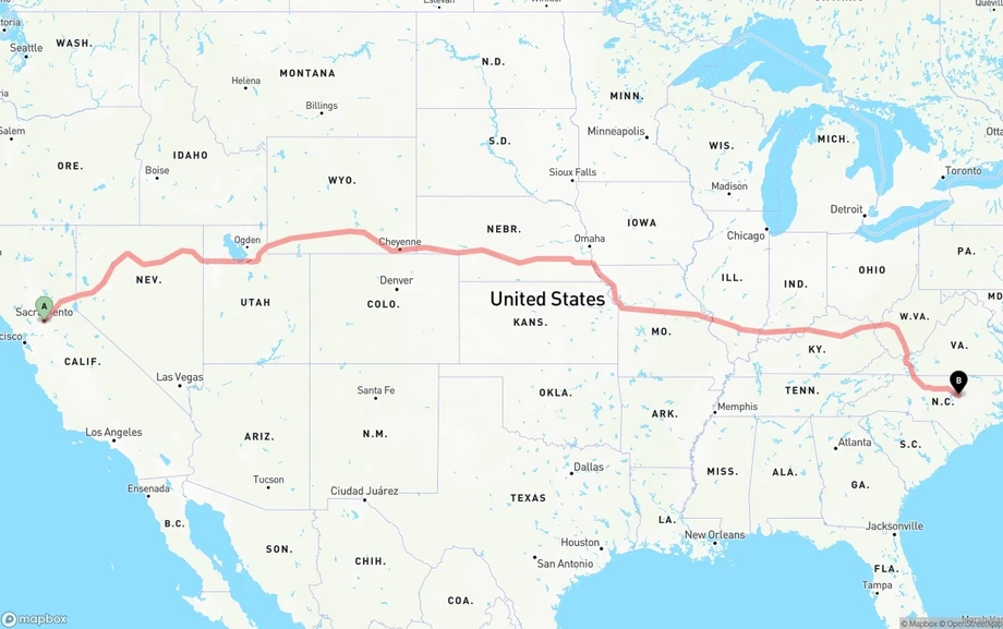 Sacramento to Raleigh freight shipping route map