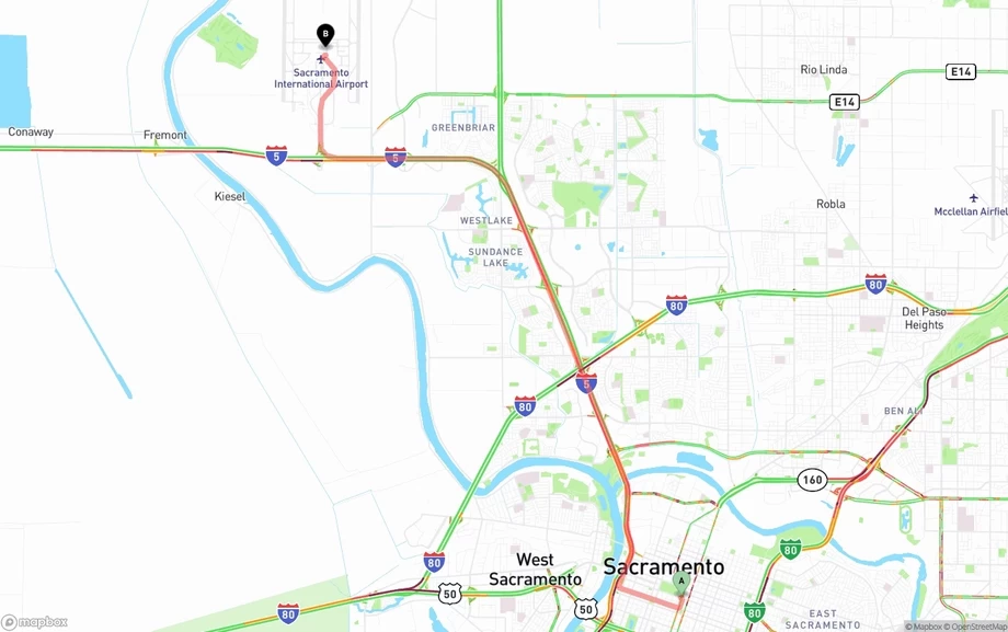 Sacramento to Sacramento International Airport freight shipping route map