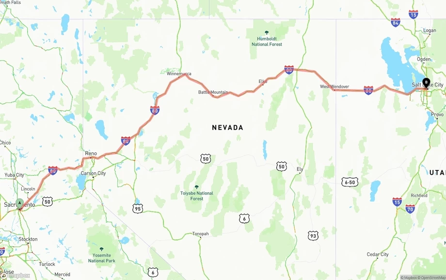 Sacramento to Salt Lake City freight shipping route map