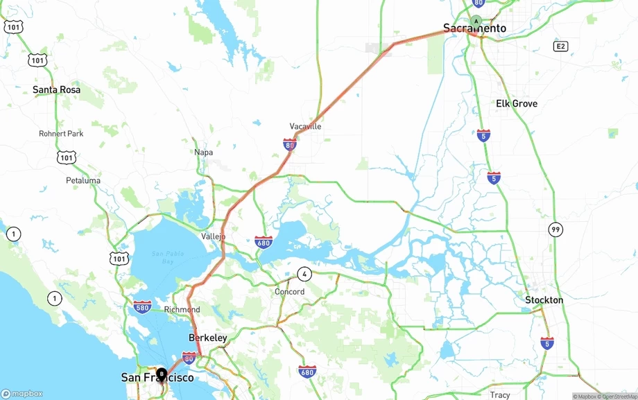 Sacramento to San Francisco freight shipping route map