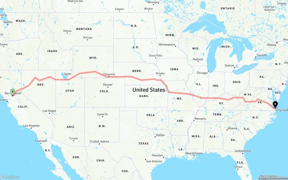 Sacramento to Virginia Beach freight shipping route map