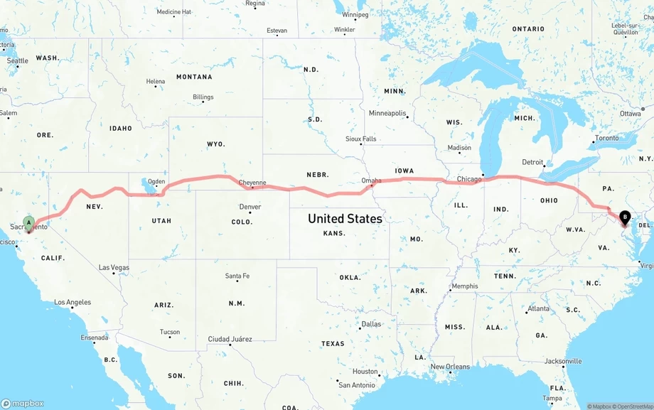 Sacramento to Washington D.C. freight shipping route map