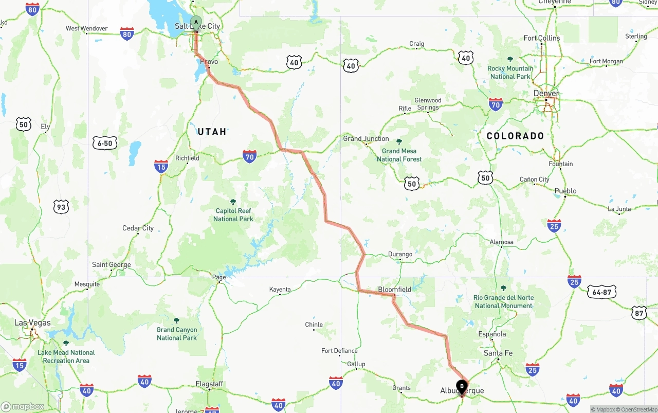 Shipping route from Salt Lake City to Albuquerque