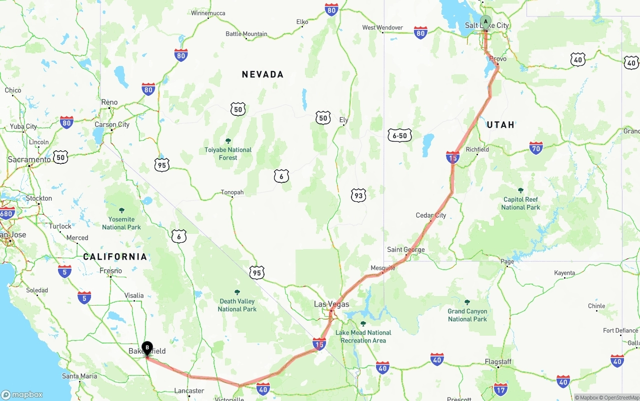 Shipping route from Salt Lake City to Bakersfield
