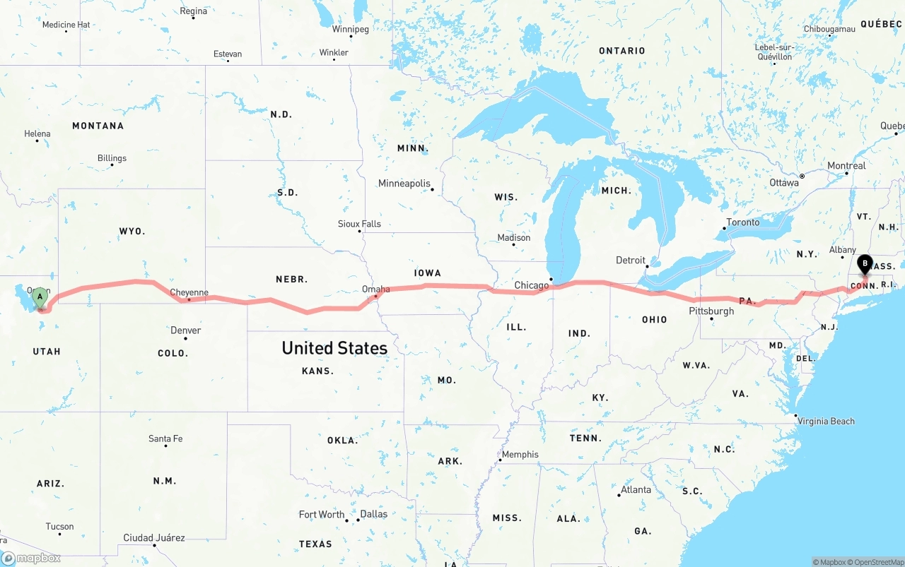 Shipping route from Salt Lake City to Bradley International Airport