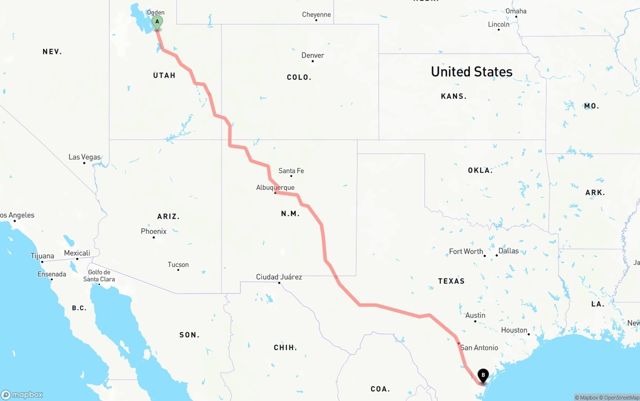 Shipping route from Salt Lake City to Corpus Christi