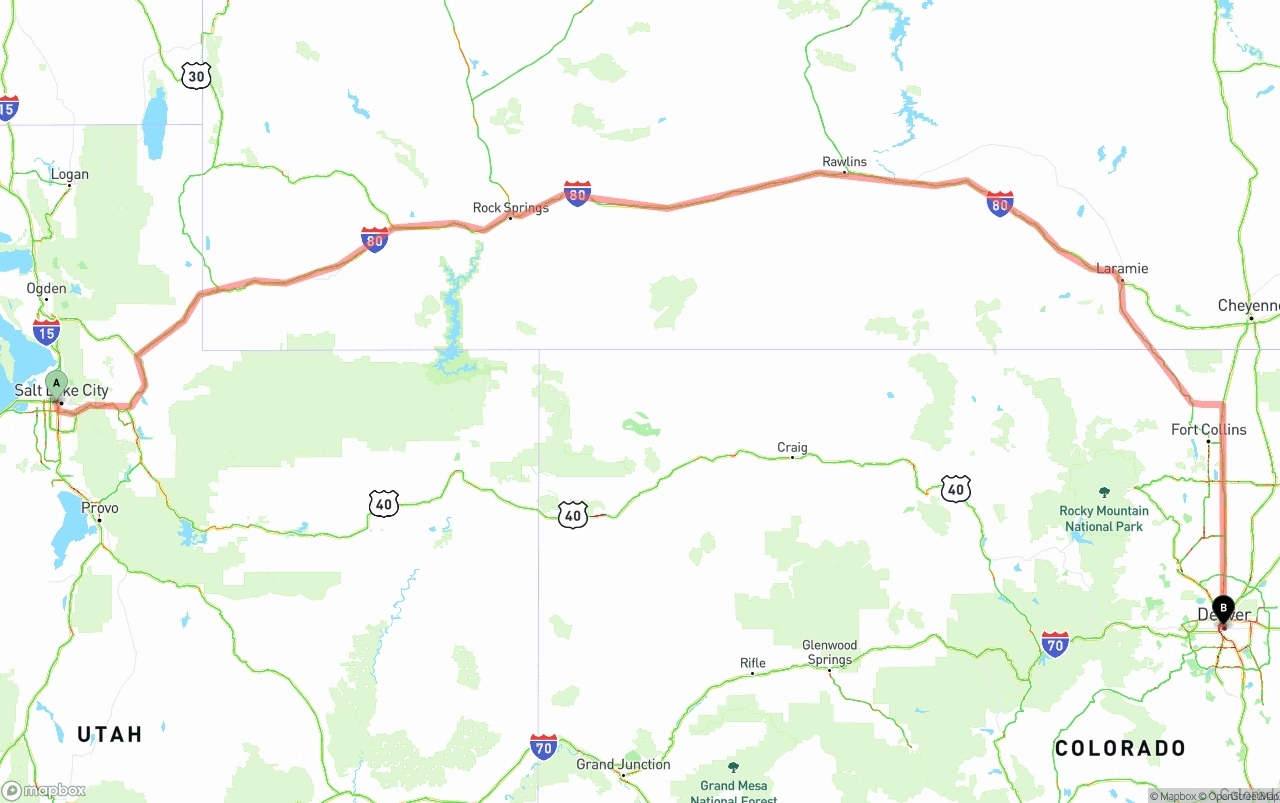 Shipping route from Salt Lake City to Denver