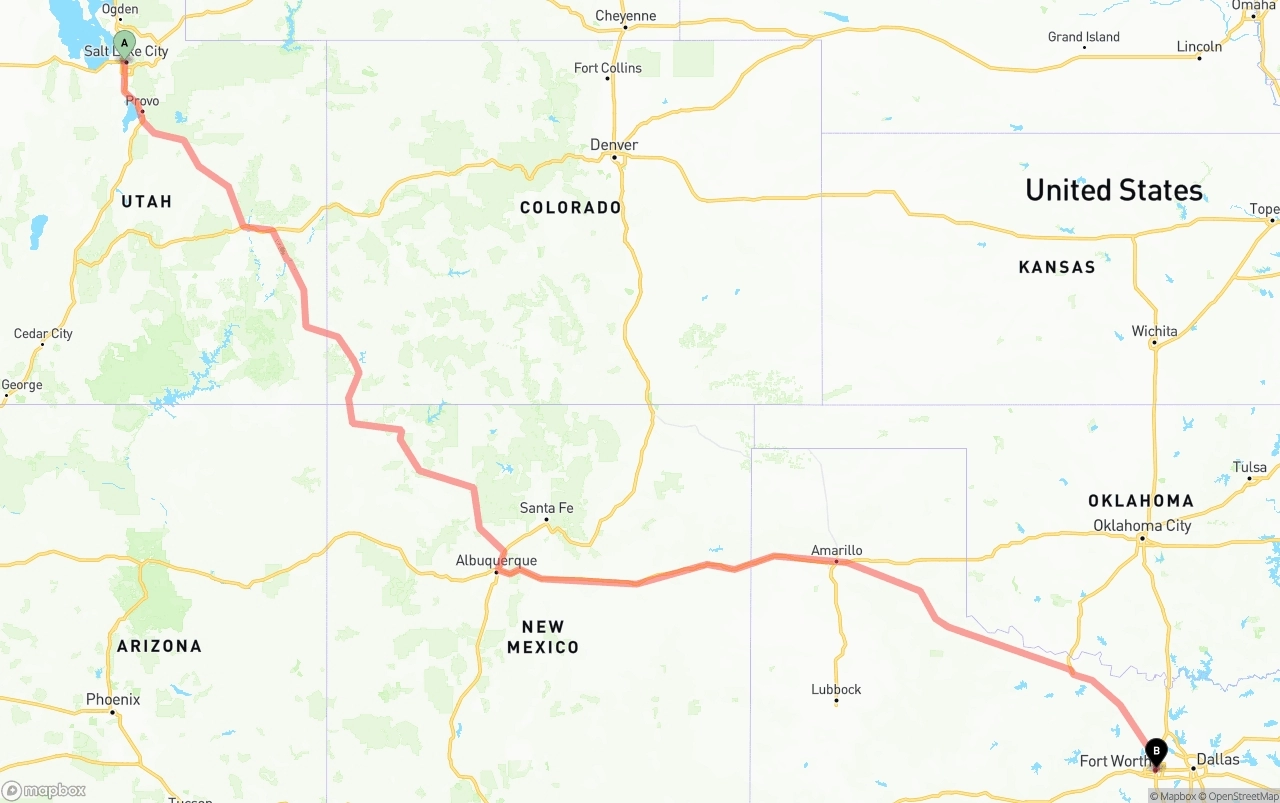 Shipping route from Salt Lake City to Fort Worth