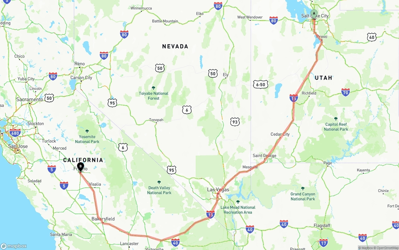 Shipping route from Salt Lake City to Fresno