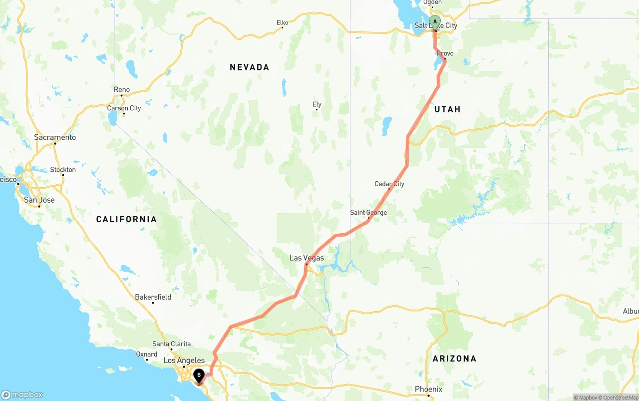 Shipping route from Salt Lake City to John Wayne Airport — Orange County