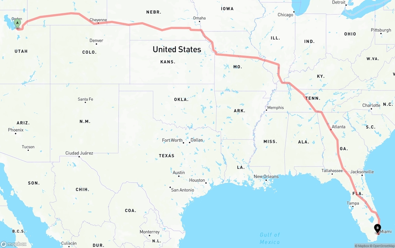 Shipping route from Salt Lake City to Miami International Airport