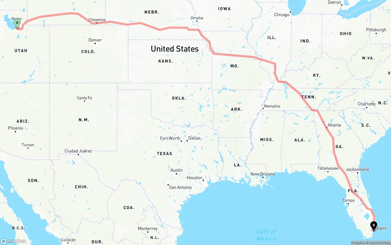Shipping route from Salt Lake City to Miami