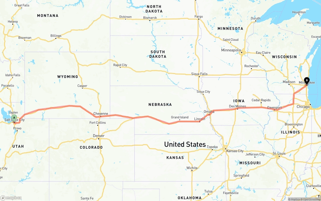 Shipping route from Salt Lake City to Milwaukee