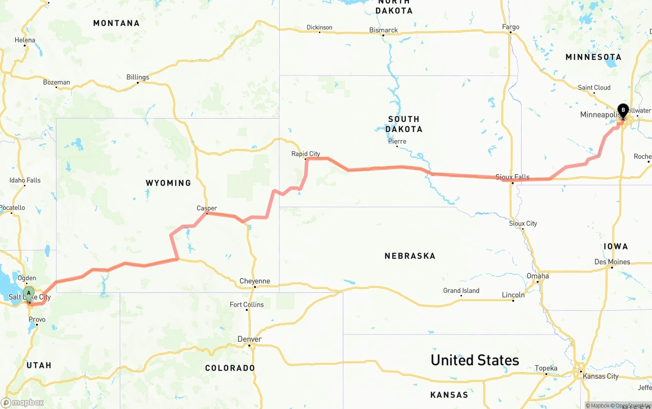 Shipping route from Salt Lake City to Minneapolis