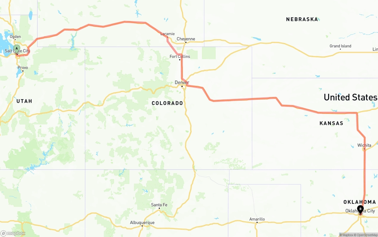 Shipping route from Salt Lake City to Oklahoma City