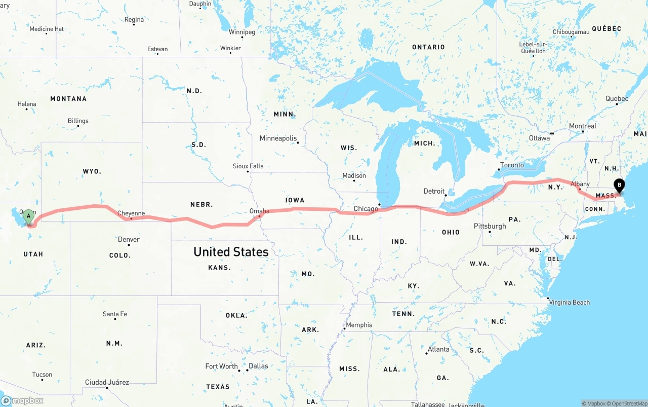 Shipping route from Salt Lake City to Port of Boston