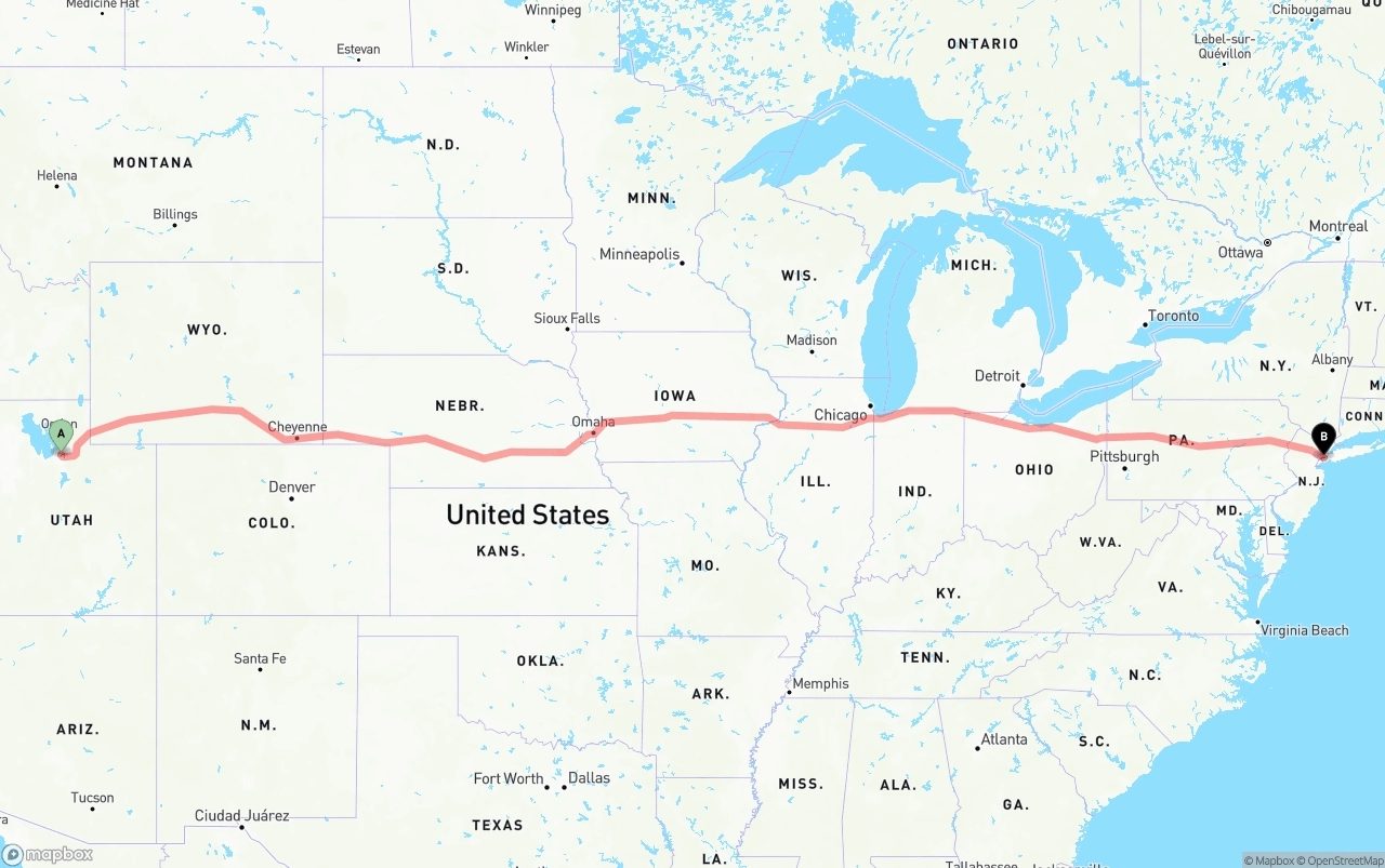Shipping route from Salt Lake City to Port of New York