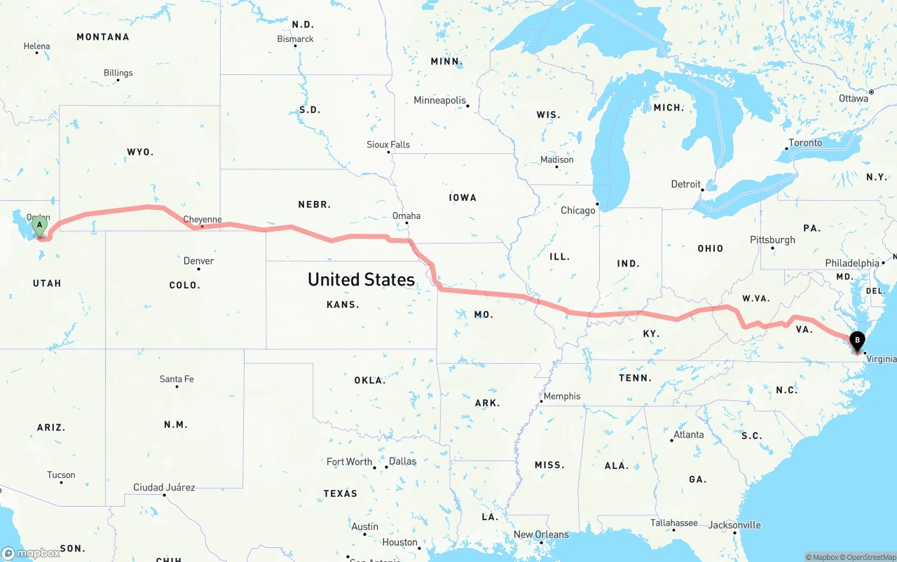 Shipping route from Salt Lake City to Port of Norfolk