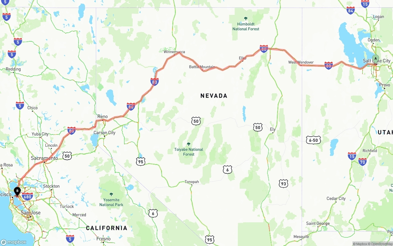 Shipping route from Salt Lake City to Port of Oakland