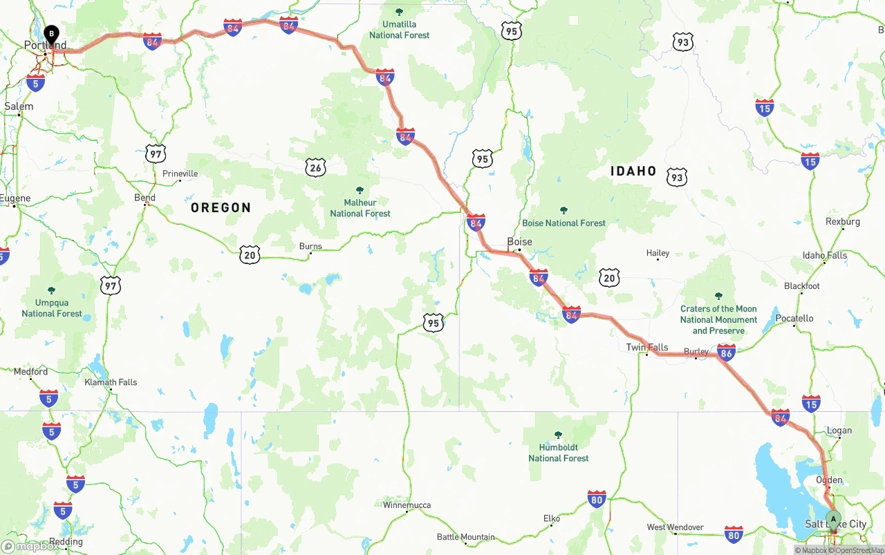 Shipping route from Salt Lake City to Port of Portland