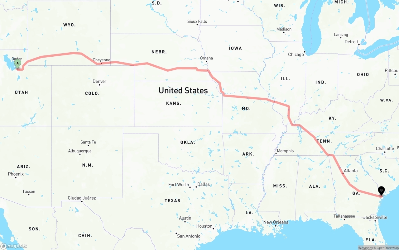 Shipping route from Salt Lake City to Port of Savannah