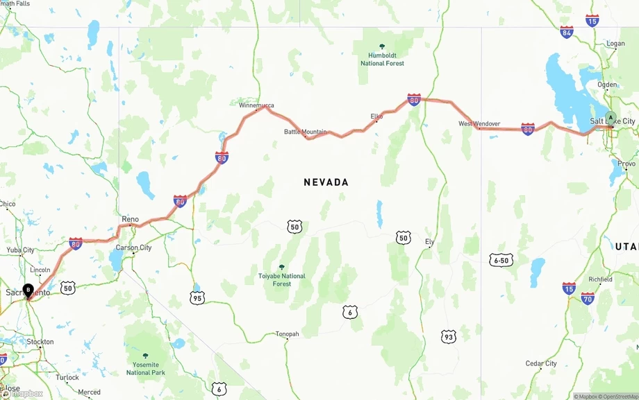Salt Lake City to Sacramento freight shipping route map