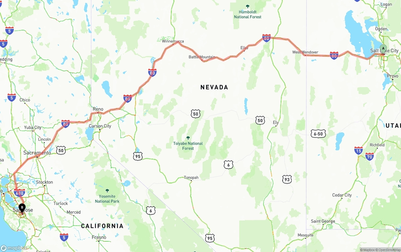 Shipping route from Salt Lake City to San Jose