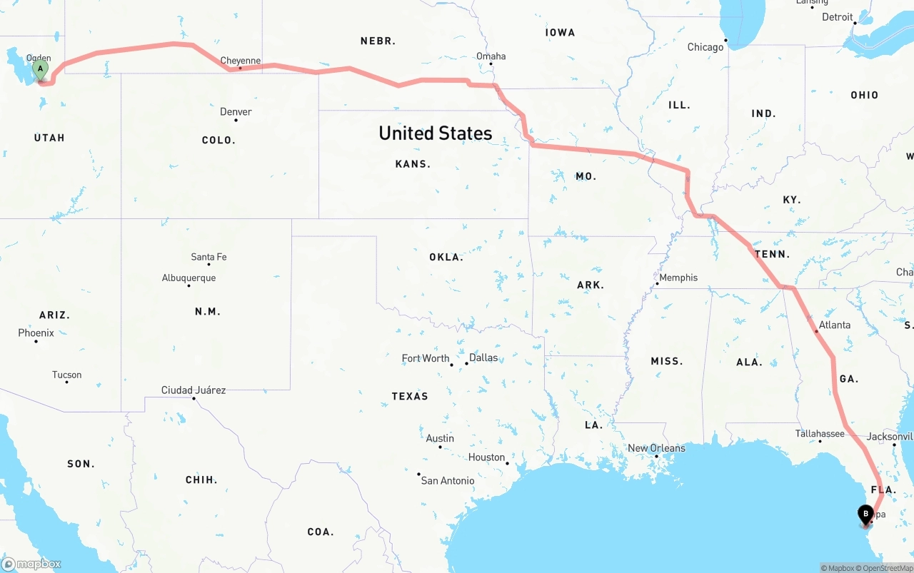 Shipping route from Salt Lake City to St. Petersburg