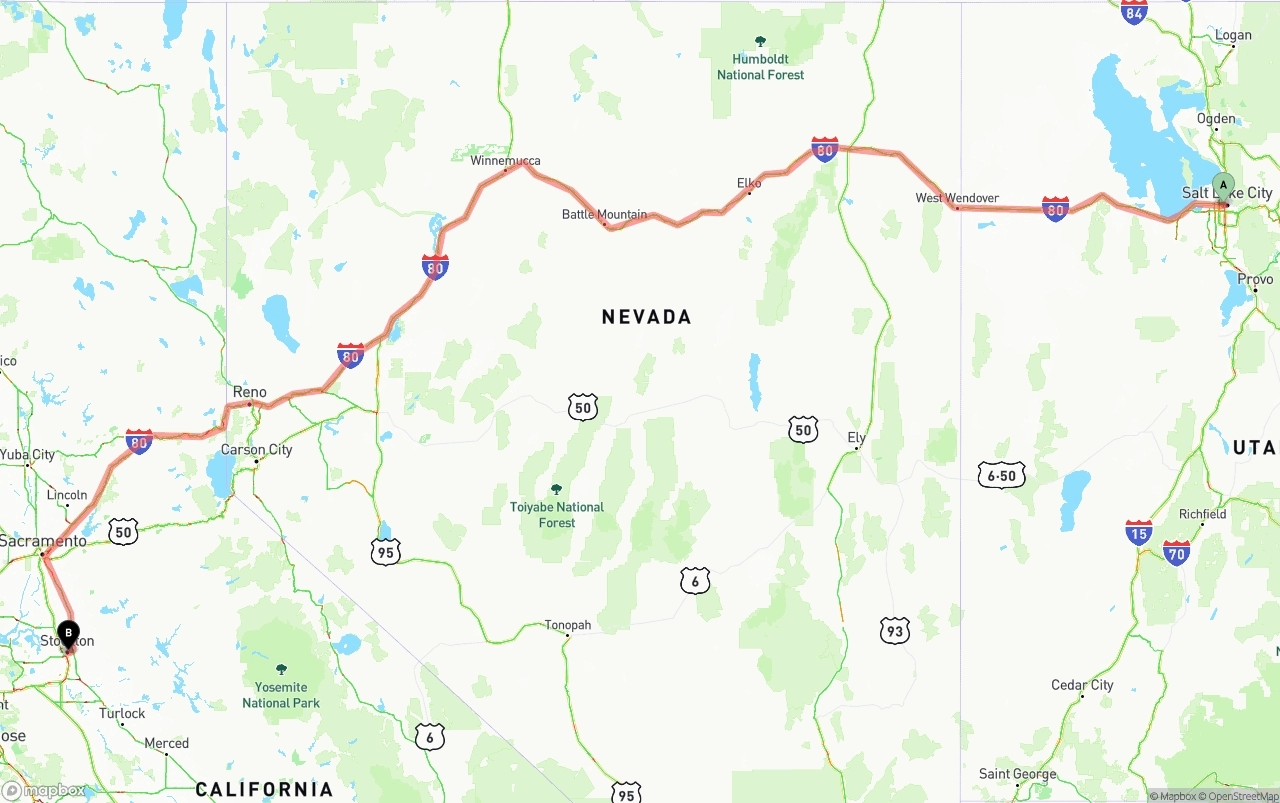 Shipping route from Salt Lake City to Stockton