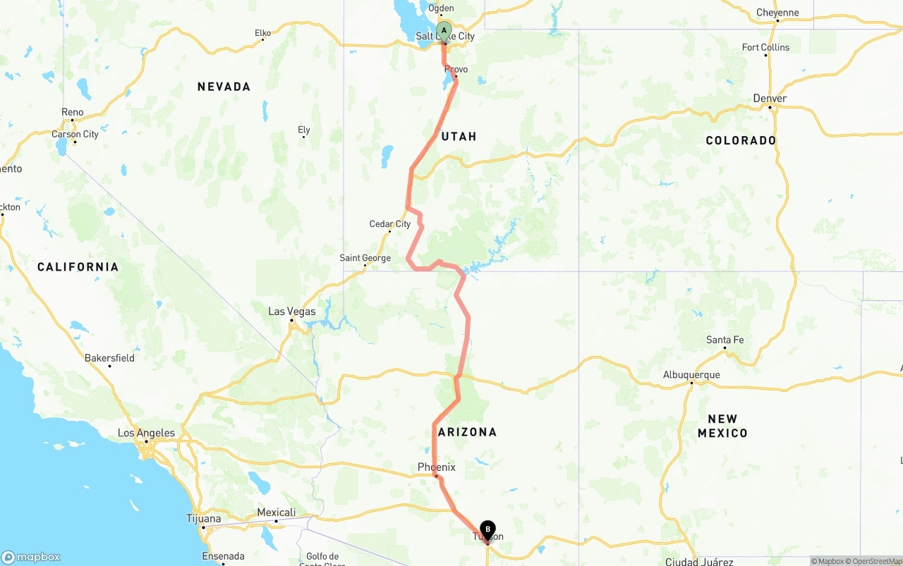 Shipping route from Salt Lake City to Tucson