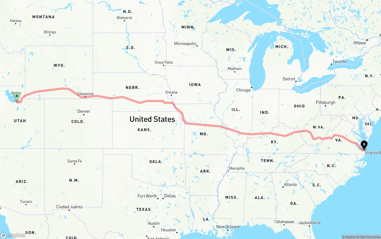 Shipping route from Salt Lake City to Virginia Beach