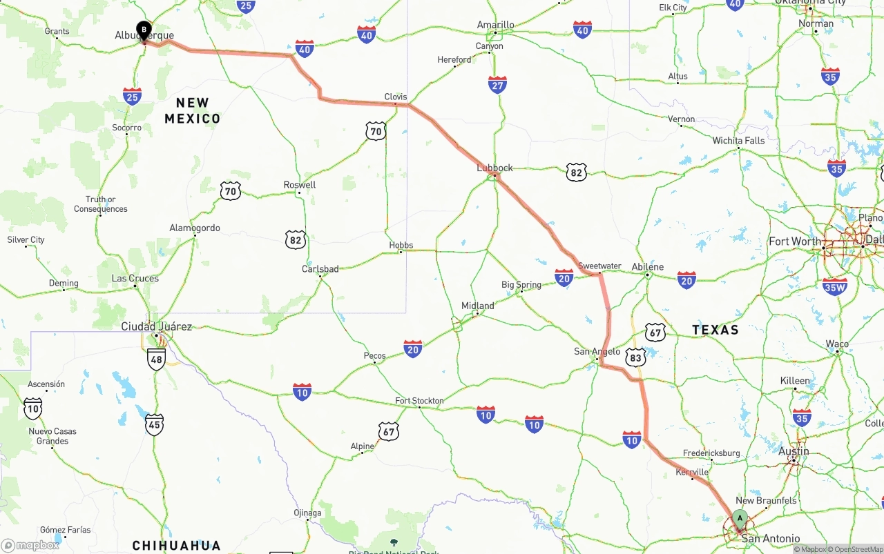 Shipping route from San Antonio to Albuquerque