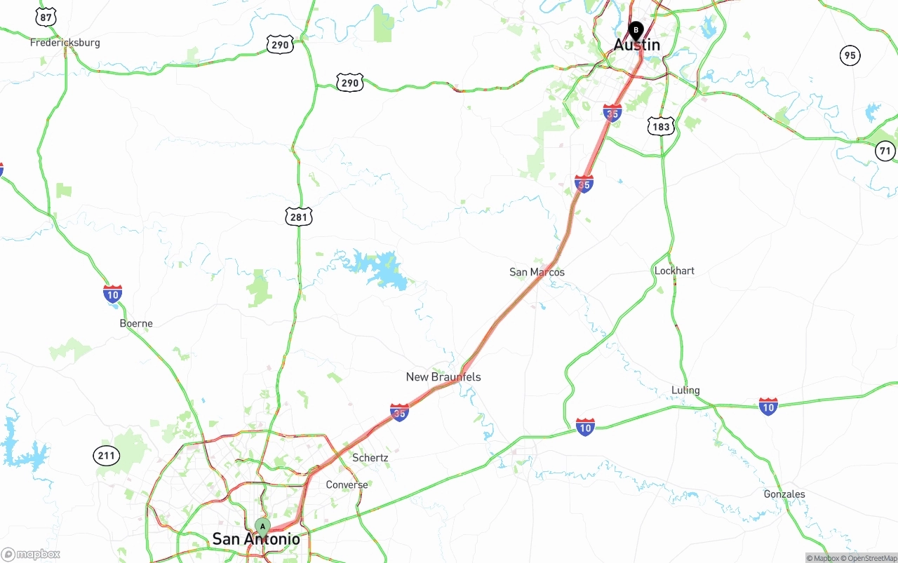 Shipping route from San Antonio to Austin