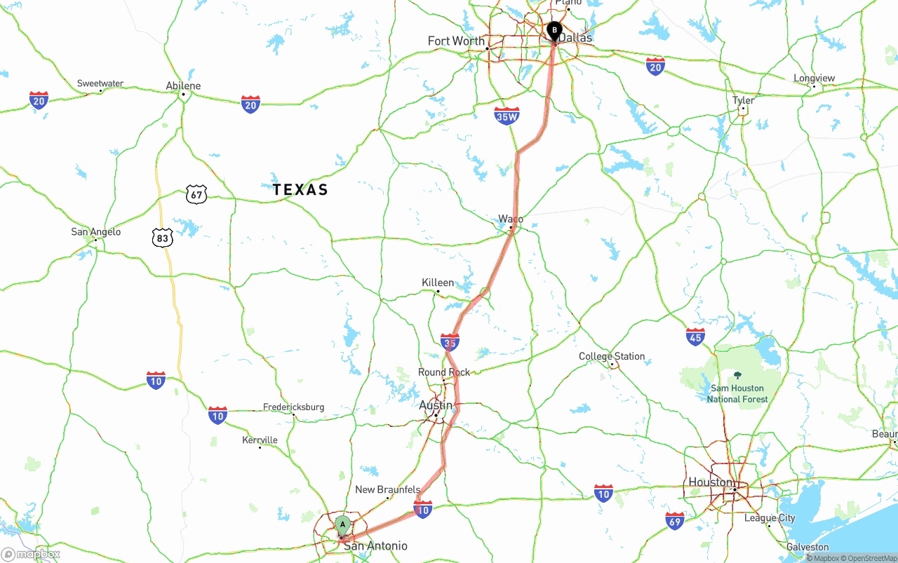 Shipping route from San Antonio to Dallas